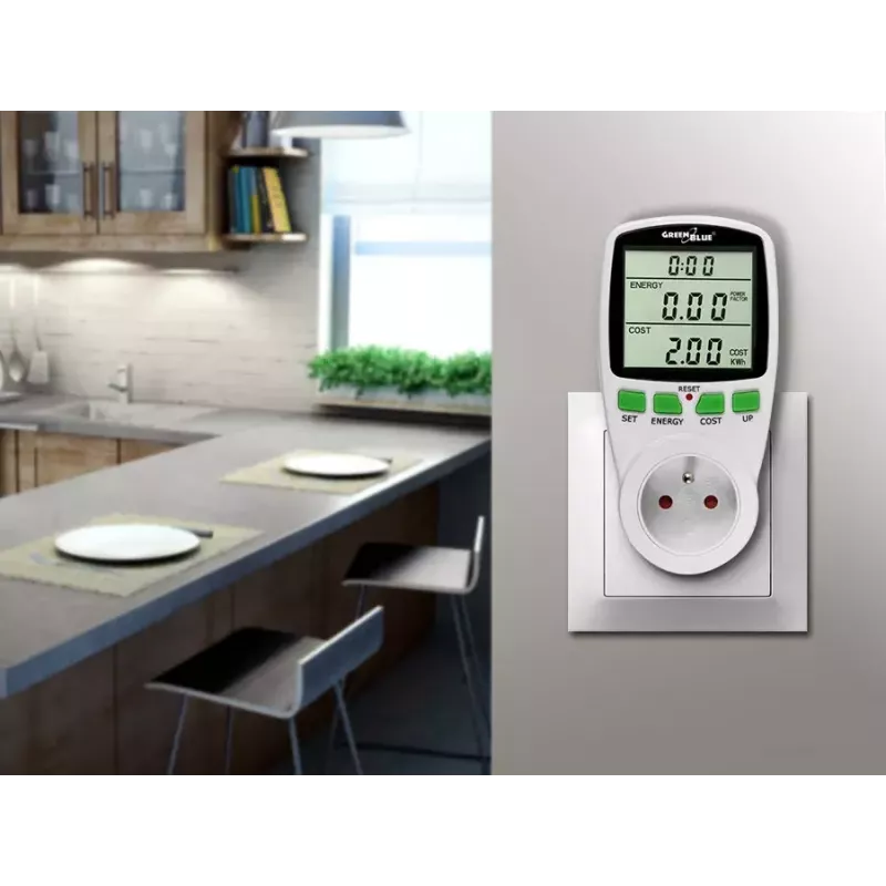 Wattímetro GreenBlue GB202 medidor de potência 0–9999 W, 3600 W máx, 220–240 V, 16 A, ecrã LCD