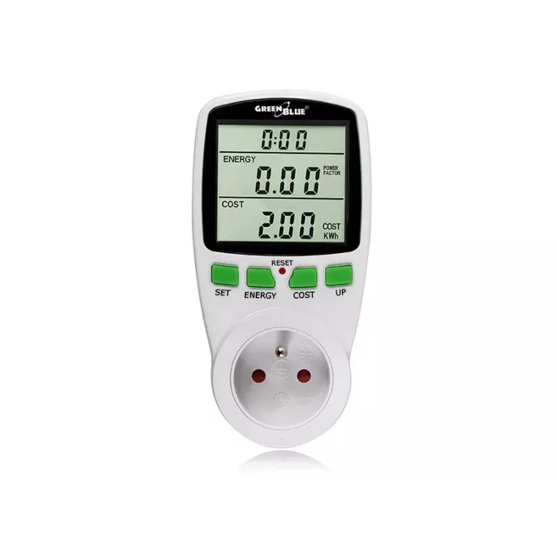 Wattímetro GreenBlue GB202 medidor de potência 0–9999 W, 3600 W máx, 220–240 V, 16 A, ecrã LCD