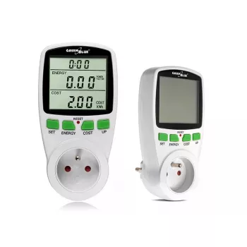 Wattímetro GreenBlue GB202 medidor de potência 0–9999 W, 3600 W máx, 220–240 V, 16 A, ecrã LCD