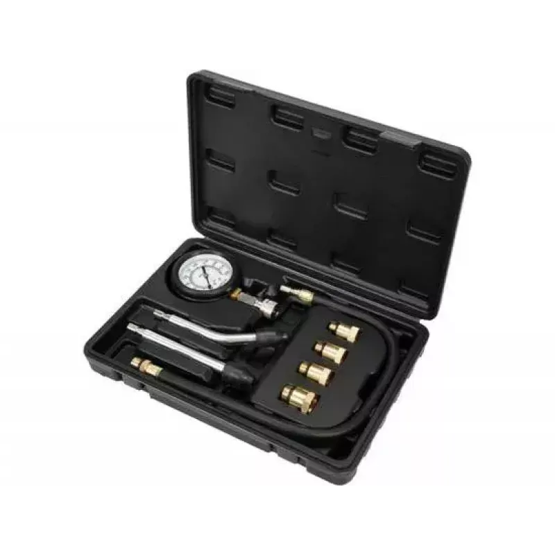 Manómetro analógico YATO YT-73022 0–20 bar, mostrador de 75 mm, aço carbono, mangueira de 0,5 m, 4 adaptadores de latão, mala de transporte