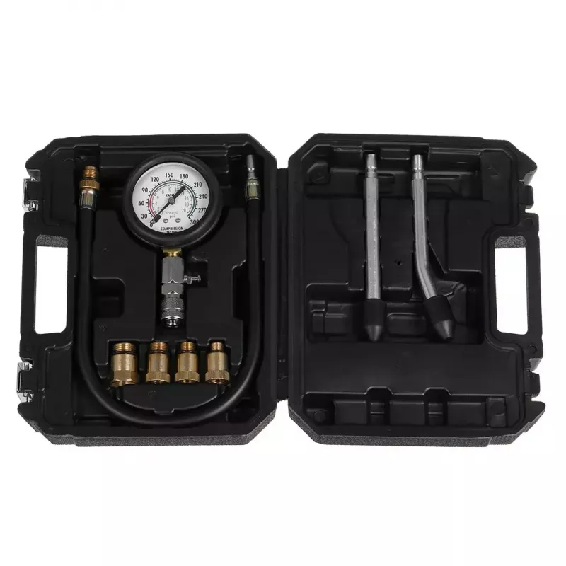 Manómetro analógico YATO YT-73022 0–20 bar, mostrador de 75 mm, aço carbono, mangueira de 0,5 m, 4 adaptadores de latão, mala de transporte