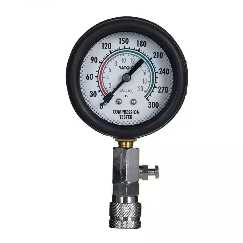 Manómetro analógico YATO YT-73022 0–20 bar, mostrador de 75 mm, aço carbono, mangueira de 0,5 m, 4 adaptadores de latão, mala de transporte