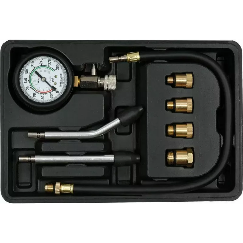 Manómetro analógico YATO YT-73022 0–20 bar, mostrador de 75 mm, aço carbono, mangueira de 0,5 m, 4 adaptadores de latão, mala de transporte