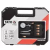 Manómetro analógico YATO YT-73022 0–20 bar, mostrador de 75 mm, aço carbono, mangueira de 0,5 m, 4 adaptadores de latão, mala de transporte