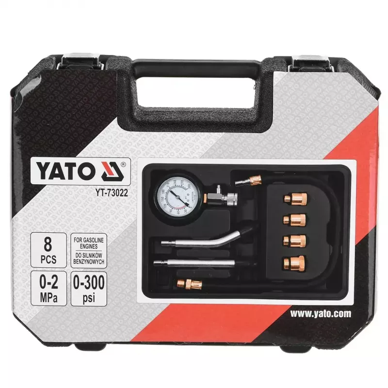 Manómetro analógico YATO YT-73022 0–20 bar, mostrador de 75 mm, aço carbono, mangueira de 0,5 m, 4 adaptadores de latão, mala de transporte