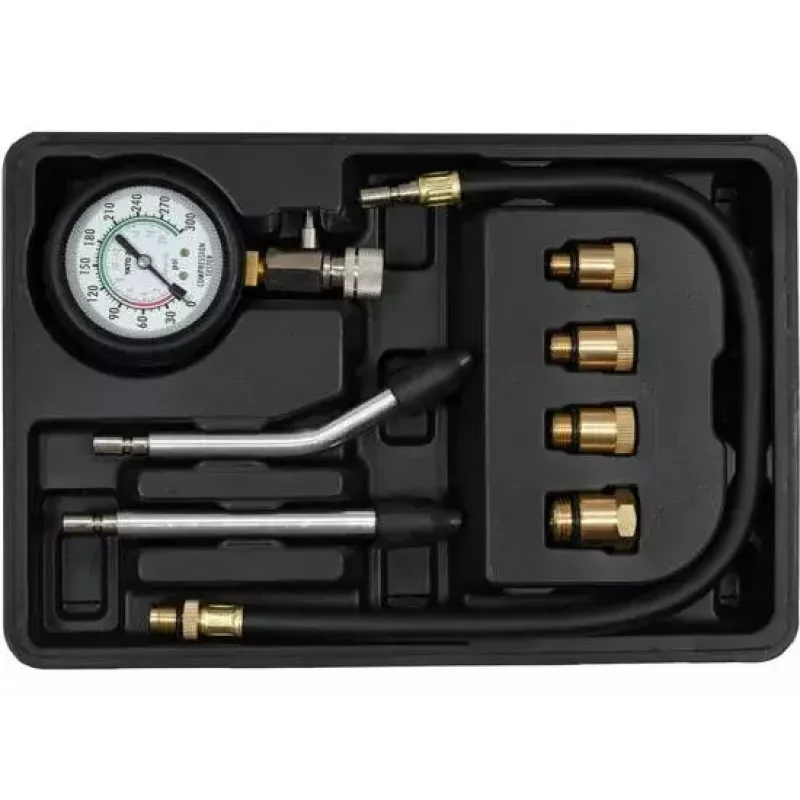 Manómetro analógico YATO YT-73022 0–20 bar, mostrador de 75 mm, aço carbono, mangueira de 0,5 m, 4 adaptadores de latão, mala de transporte