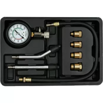 Manómetro analógico YATO YT-73022 0–20 bar, mostrador de 75 mm, aço carbono, mangueira de 0,5 m, 4 adaptadores de latão, mala de transporte