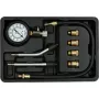 Manómetro analógico YATO YT-73022 0–20 bar, mostrador de 75 mm, aço carbono, mangueira de 0,5 m, 4 adaptadores de latão, mala de transporte