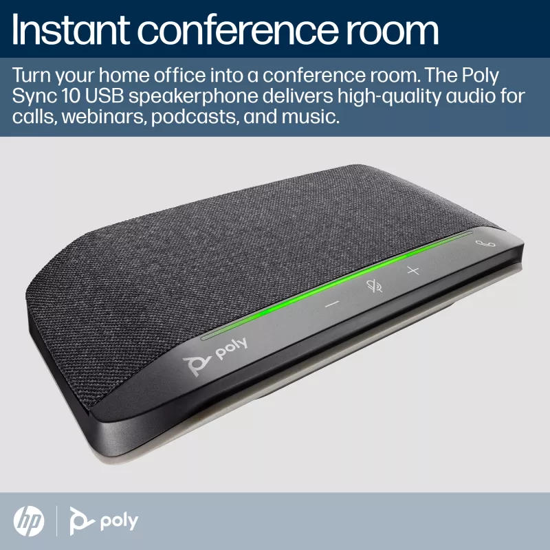 Coluna HP Poly Sync 10 + cabo USB-A para USB-C, PC, preto, 0,715 m, Windows 10, Windows 11, MacOS, 100–7800 Hz