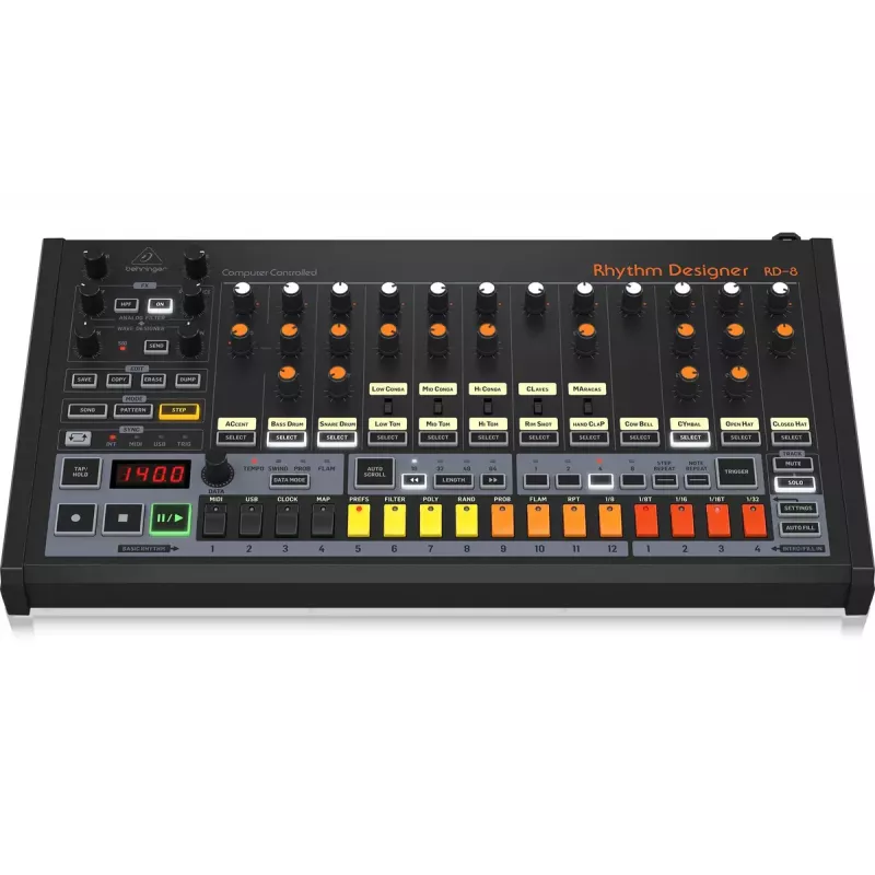Máquina de ritmos e bateria Behringer RD-8 MKII, gama de calibração 10 – 15000 Hz