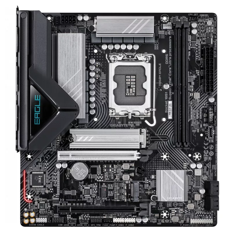 Placa-mãe GIGABYTE B860M EAGLE - CPUs Intel Core Ultra Series, VRM 6+1+2+1 fases, até 9066 MHz DDR5, 1x PCIe 5.0 + 1x PCIe 4.0 M.2, LAN 2,5 GbE, USB 3.2 Gen 1