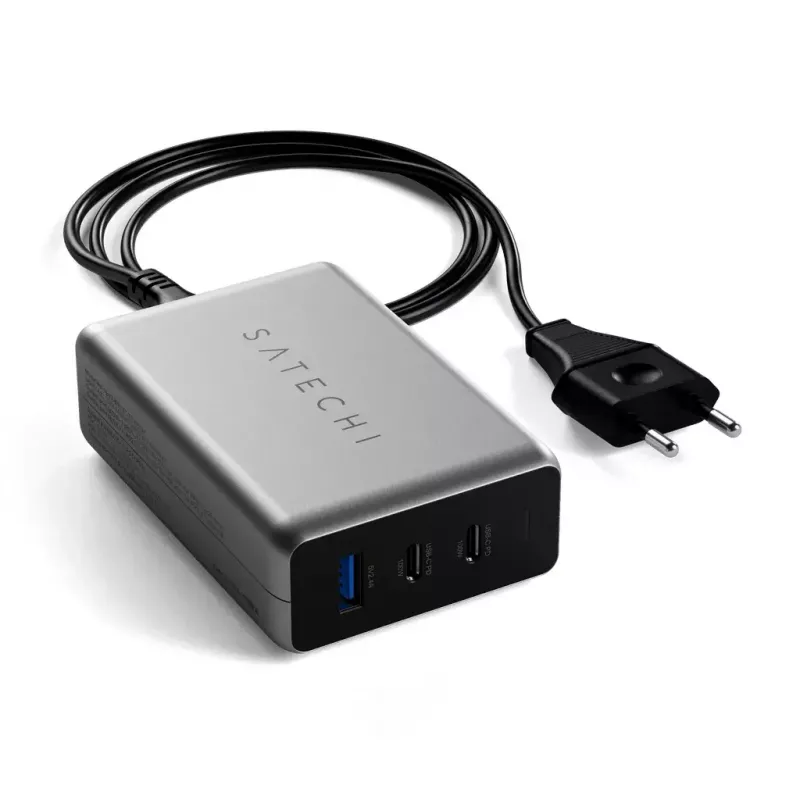 Carregador móvel Satechi ST-TC100GM-EU, 100 W, 2× USB-C, entrada AC 100–240 V, cinzento