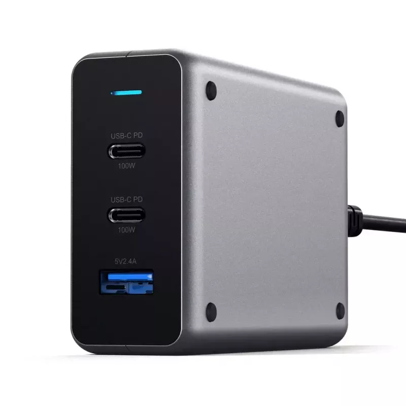 Carregador móvel Satechi ST-TC100GM-EU, 100 W, 2× USB-C, entrada AC 100–240 V, cinzento