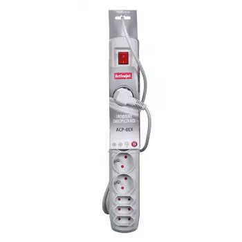 Régua de tomadas ActiveJet APN-8G/5M-GR — 8 tomadas AC (tipo E/C), cabo de 5 m, 10 A, 230 V, cinzento