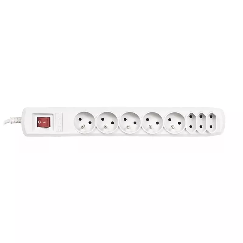Régua de tomadas ActiveJet APN-8G/5M-GR — 8 tomadas AC (tipo E/C), cabo de 5 m, 10 A, 230 V, cinzento