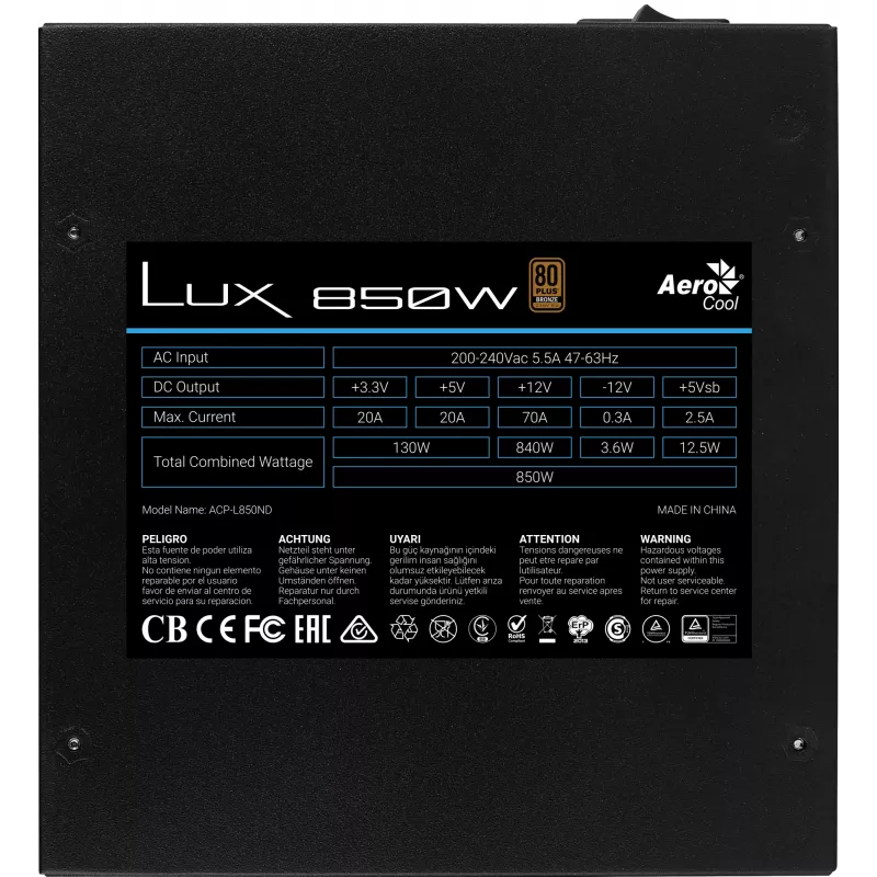 Fonte de alimentação para PC Aerocool LUX850 850W 80 Plus Bronze 230V 88% de eficiência preto