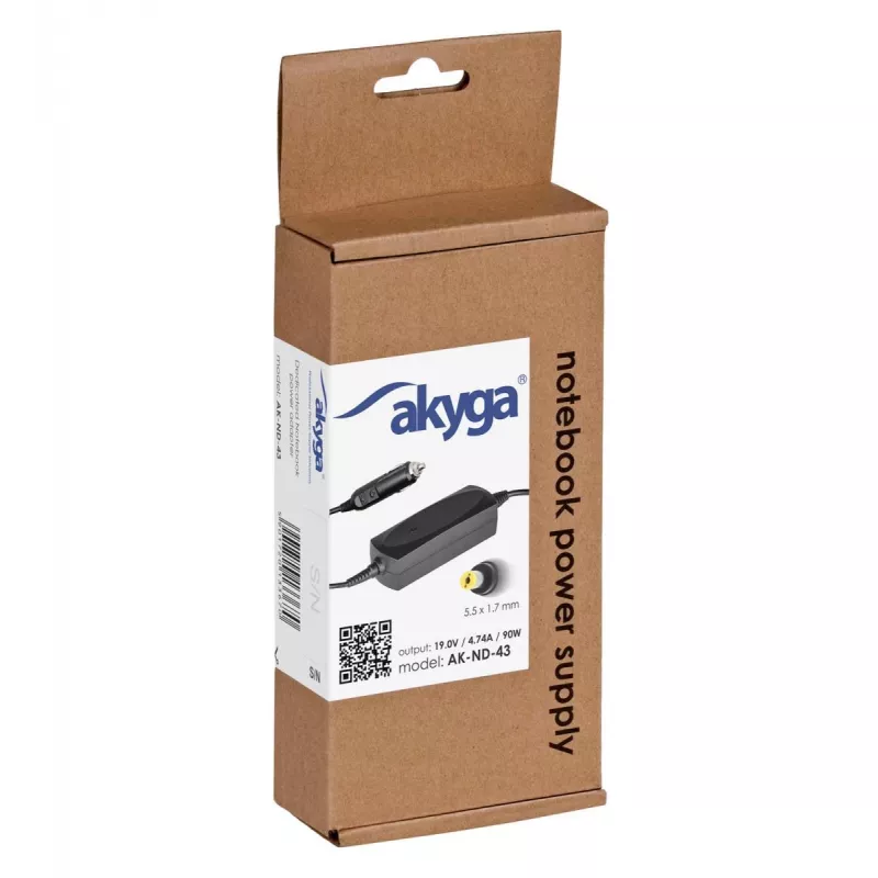 Fonte de alimentação para portátil de automóvel Akyga AK-ND-43 para Acer, 90 W, 19 V / 4,74 A, 5,5 x 1,7 mm, entrada 12 V