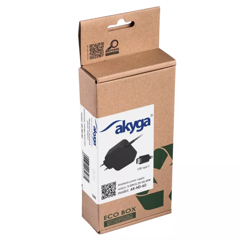 Fonte de alimentação para portátil USB-C Akyga AK-ND-60 45 W, Power Delivery, 5–20 V, 1,2 m