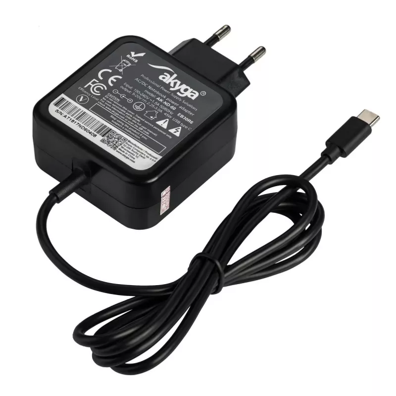Fonte de alimentação para portátil USB-C Akyga AK-ND-60 45 W, Power Delivery, 5–20 V, 1,2 m
