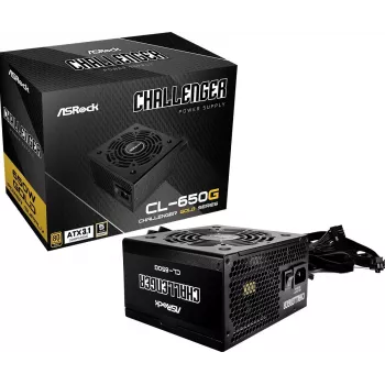 Fonte de alimentação ASROCK CL-650G Challenger 650 W 20+4 pin ATX 80 PLUS Gold, ventoinha de 120 mm, preto