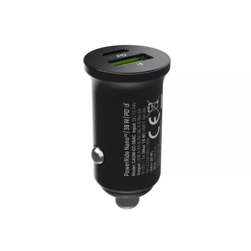 Carregador para automóvel Green Cell CADM-GC-38AC 38W, 1x USB-C (PD 3.0) + 1x USB-A, caixa de alumínio, preto