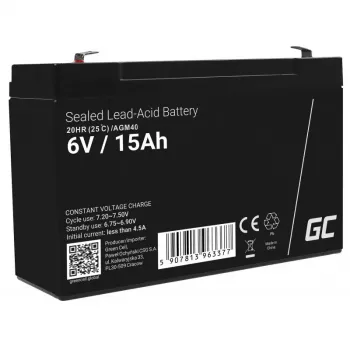 Bateria UPS Green Cell AGM40 — VRLA AGM 6V 14Ah, chumbo-ácido selada, 94×50×151 mm, 1,8 kg