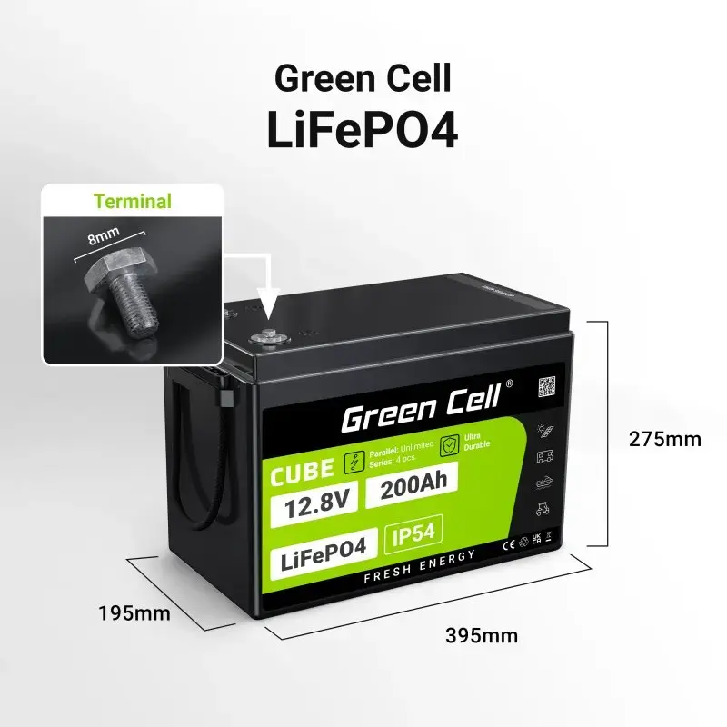 Bateria UPS Green Cell LFPGC12V200AH fosfato de ferro-lítio 12,8 V 200 Ah, 395×195×275 mm, 20,5 kg