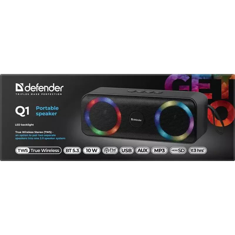 Altifalante Bluetooth mono portátil DEFENDER Q1 preto, 10 W RMS, 1200 mAh, Bluetooth 5.0, MicroSD, FM, AUX, USB