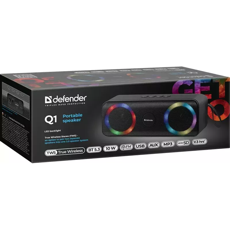 Altifalante Bluetooth mono portátil DEFENDER Q1 preto, 10 W RMS, 1200 mAh, Bluetooth 5.0, MicroSD, FM, AUX, USB