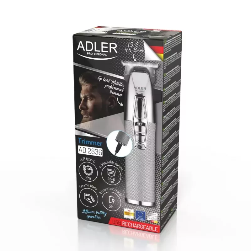 Aparador de barba Adler AD 2836S, bateria de lítio sem fios, 0,9–6 mm, 4 níveis de comprimento, lâminas de aço inoxidável, prateado