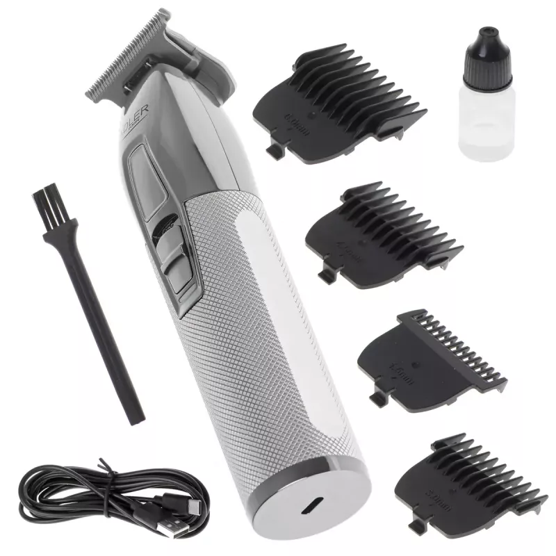 Aparador de barba Adler AD 2836S, bateria de lítio sem fios, 0,9–6 mm, 4 níveis de comprimento, lâminas de aço inoxidável, prateado