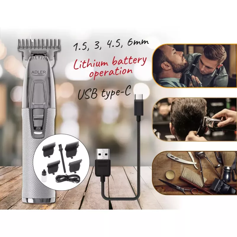 Aparador de barba Adler AD 2836S, bateria de lítio sem fios, 0,9–6 mm, 4 níveis de comprimento, lâminas de aço inoxidável, prateado