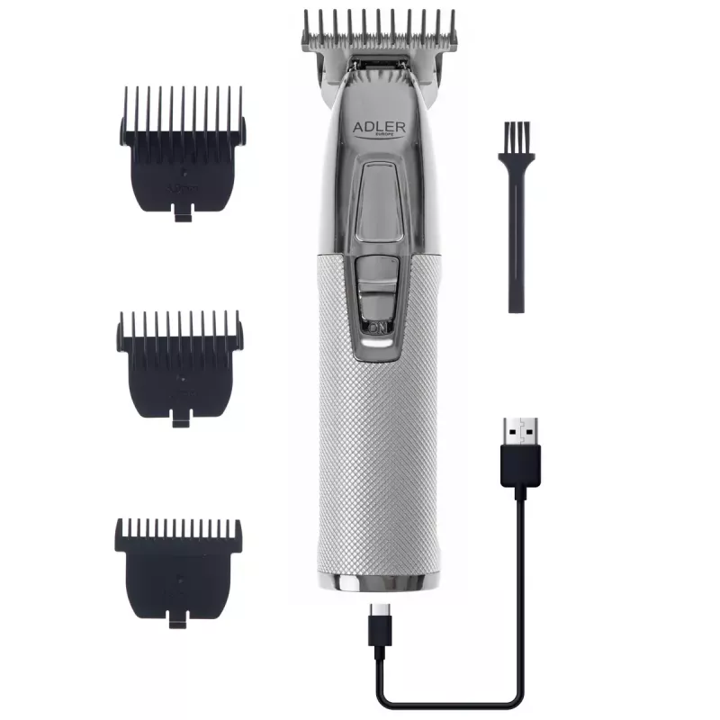 Aparador de barba Adler AD 2836S, bateria de lítio sem fios, 0,9–6 mm, 4 níveis de comprimento, lâminas de aço inoxidável, prateado