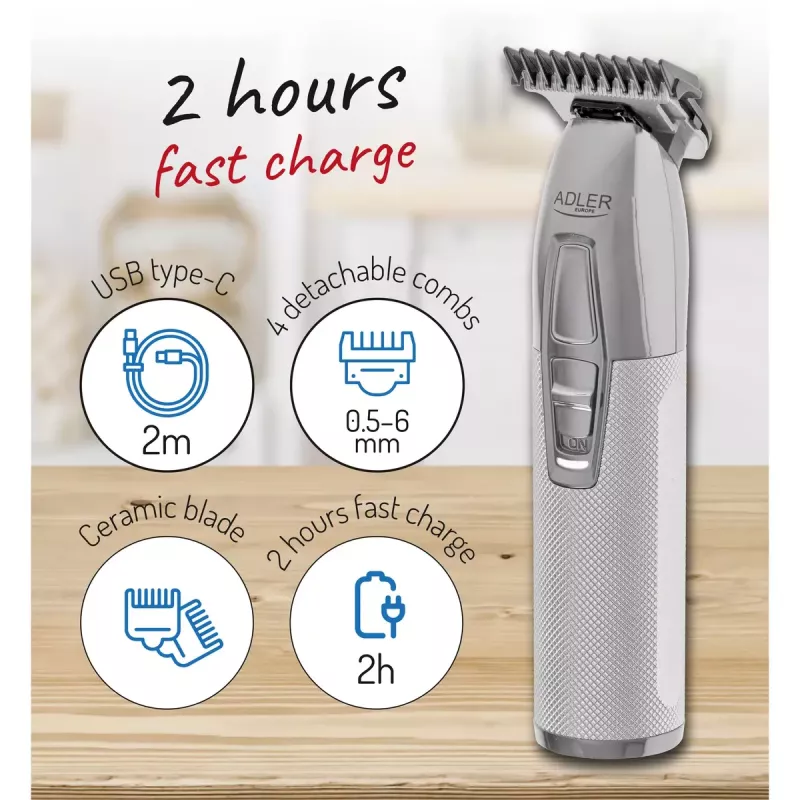 Aparador de barba Adler AD 2836S, bateria de lítio sem fios, 0,9–6 mm, 4 níveis de comprimento, lâminas de aço inoxidável, prateado
