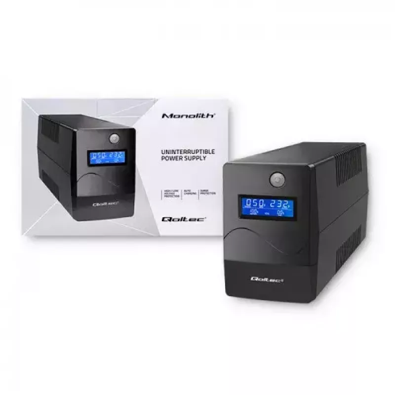 Qoltec Monolith 53979 UPS, line-interactive, 850 VA / 480 W, 2 tomadas Schuko, LCD, USB, RJ45