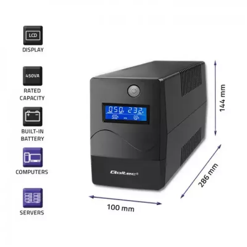 Qoltec Monolith 53979 UPS, line-interactive, 850 VA / 480 W, 2 tomadas Schuko, LCD, USB, RJ45