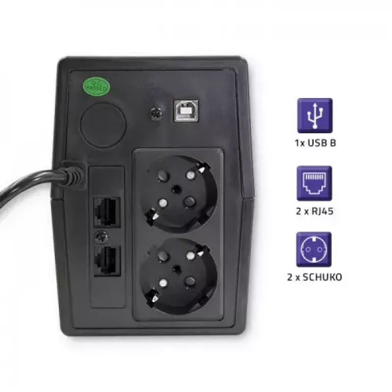 Qoltec Monolith 53979 UPS, line-interactive, 850 VA / 480 W, 2 tomadas Schuko, LCD, USB, RJ45