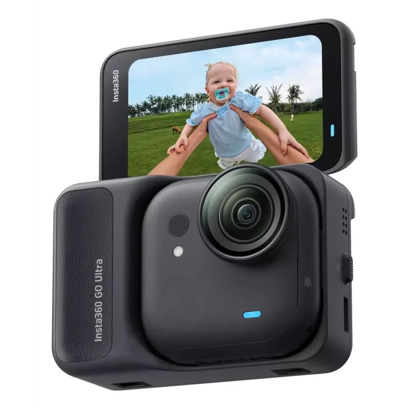 Insta360 GO Ultra Standard Bundle câmara de ação, 4K Ultra HD 3840x2880, sensor de 1/1,28 polegadas, 240 fps, Wi-Fi, Bluetooth 5.4, ecrã tátil rebatível de 2,5 polegadas, MicroSD, 52,9 g, preta