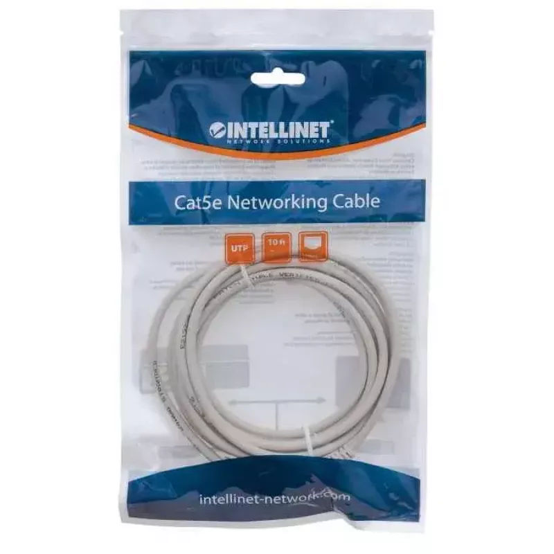 Intellinet 319768 Cat5e U/UTP cabo patch, 3 m, RJ45-RJ45, CCA, PVC, contactos banhados a ouro, snagless, cinzento