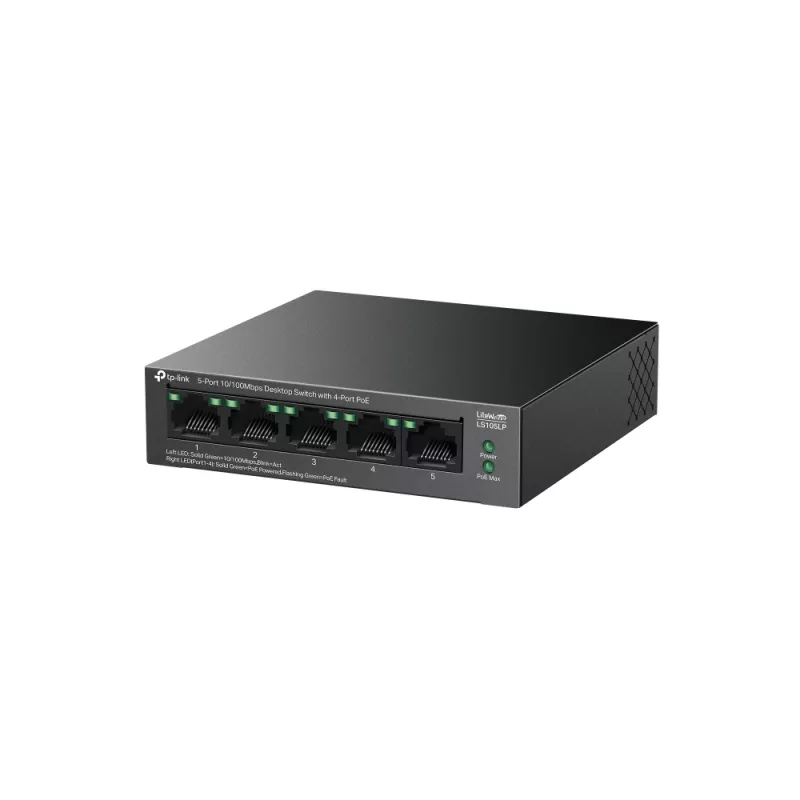 Switch não gerido TP-LINK LS105P, 5 portas Fast Ethernet (10/100), 4 portas PoE, capacidade de comutação 1 Gbit/s, sem ventoinha, preto