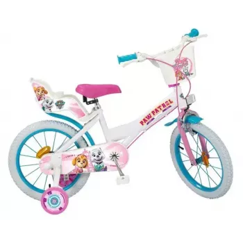 Bicicleta infantil Toimsa 16 polegadas modelo 1681 — quadro de aço, rodas de 16 polegadas com ar, travões de aro dianteiro e traseiro, com rodas de apoio e cesto (PAW Patrol)