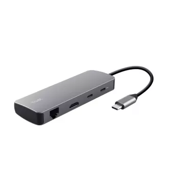 Hub USB Type-C TRUST 25672 — HDMI, RJ-45, USB 3.2 Gen 1 Type-A/Type-C, SD/MicroSD, cinzento