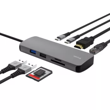Hub USB Type-C TRUST 25672 — HDMI, RJ-45, USB 3.2 Gen 1 Type-A/Type-C, SD/MicroSD, cinzento