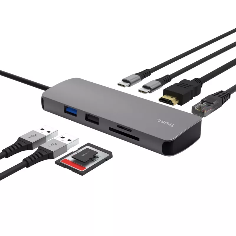 Hub USB Type-C TRUST 25672 — HDMI, RJ-45, USB 3.2 Gen 1 Type-A/Type-C, SD/MicroSD, cinzento