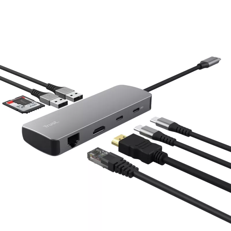 Hub USB Type-C TRUST 25672 — HDMI, RJ-45, USB 3.2 Gen 1 Type-A/Type-C, SD/MicroSD, cinzento