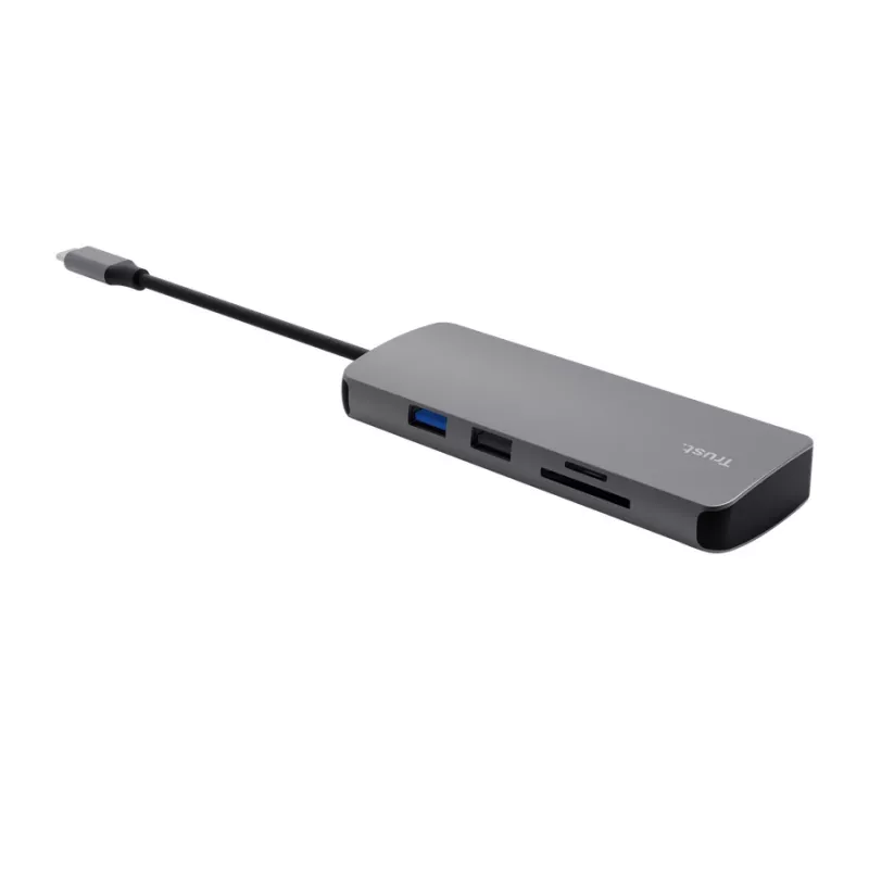 Hub USB Type-C TRUST 25672 — HDMI, RJ-45, USB 3.2 Gen 1 Type-A/Type-C, SD/MicroSD, cinzento