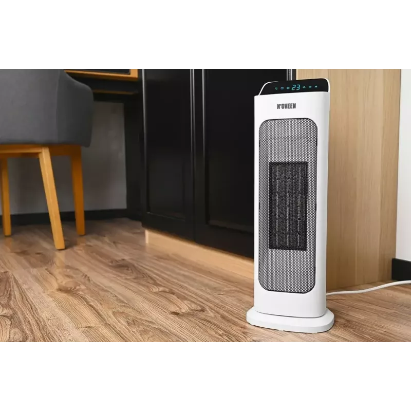 Aquecedor elétrico cerâmico NOVEEN PTC2000 — 2000 W, termostato ajustável, ecrã LED, temporizador, comando, branco