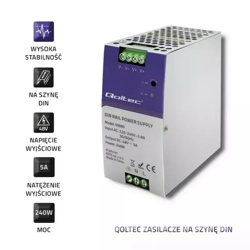 Fonte de alimentação para calha DIN QOLTEC 50999, 240W, 48V DC, saída 5A