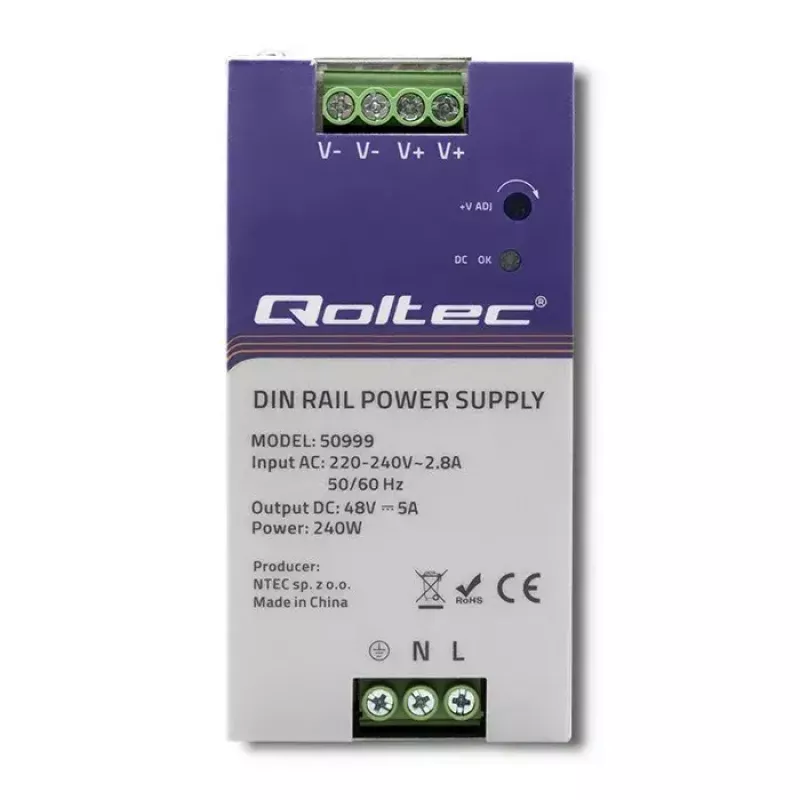Fonte de alimentação para calha DIN QOLTEC 50999, 240W, 48V DC, saída 5A
