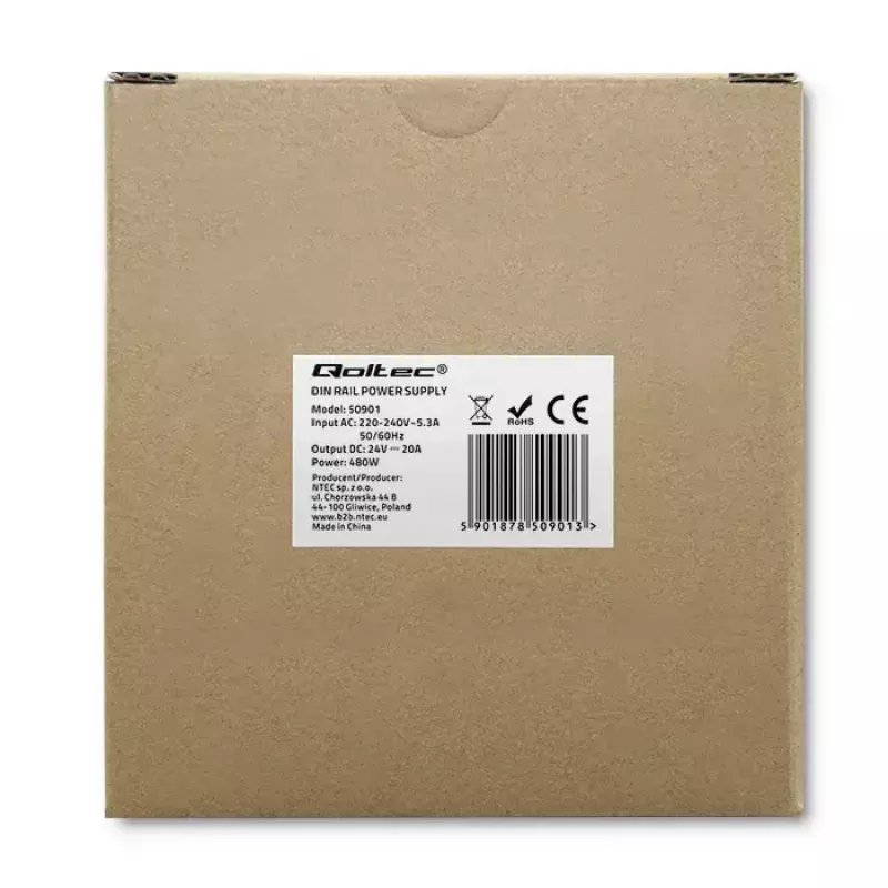 Fonte de alimentação industrial para calha DIN QOLTEC 50901 — 480W, 24V DC, 20A